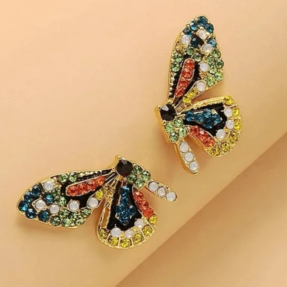 Butterfly Wings Rhinestone Stud Earrings - Picture 13 of 14